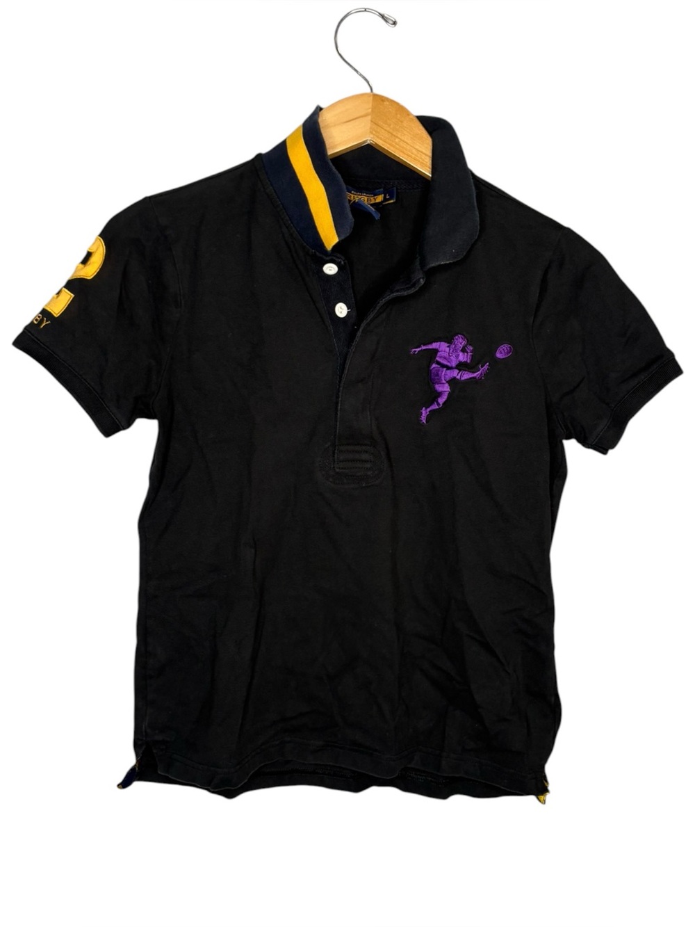 Ralph Lauren Rugby Black Polo shirt with Purple big kicker embroidery mens large